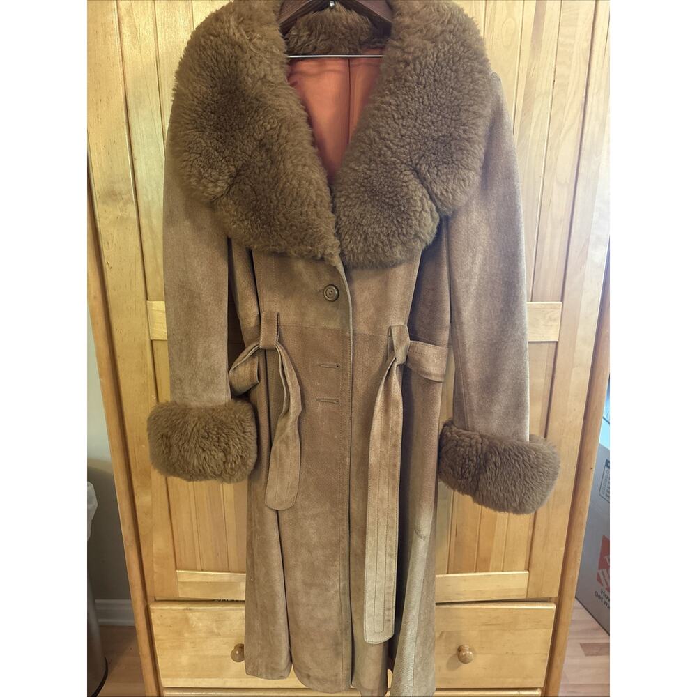 VTG 70s Penny Lane Coat Genuine Suede Fur Trim Boho Afghan Trench Belted